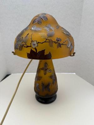Gorgeous Reproduction French Galle Glass Lamp With Butterflies & Foliage