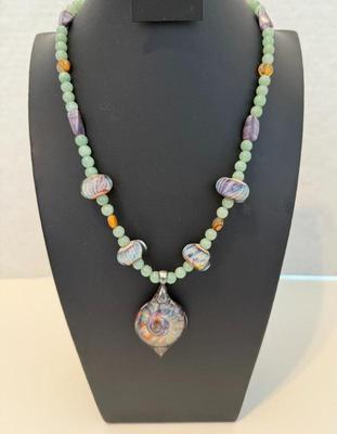 Handblown Glass Pendant With Glass & Stone Beads Necklace W/Silver Catch