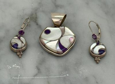 Set Of  Leverback Earrings & Pendant- Stainless Steel & .925 Mother Of Pearl W/Purple Stones 