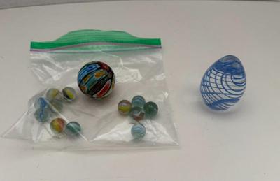 Lot Of Vintage Marbles, Swirled Blown Glass Paper Weight & Millefiori-Style Glass Ball (as-is)
