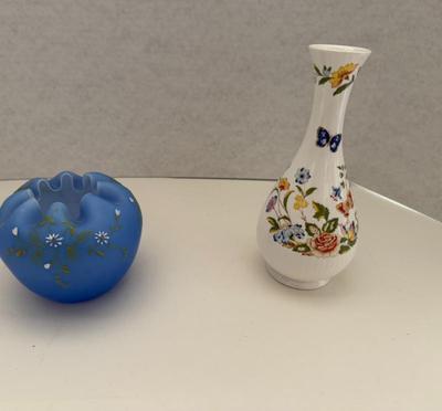 Vintage Hand Blown & Hand Painted  Blue Satin Glass Rose Bowl / Floral Aynsley Cottage Garden Bone China Vase