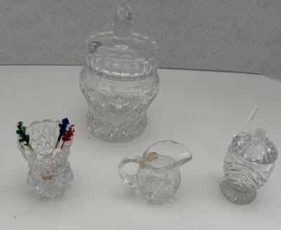 Lot (4) Crystal Pieces - Covered Jam, Mini S&C, Toothpick Holder