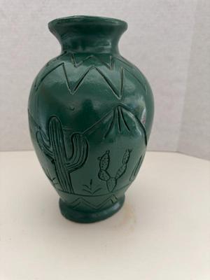 Large Vintage Green Mexico Pottery Art Vase- Coyotes, Cacti, Mountains