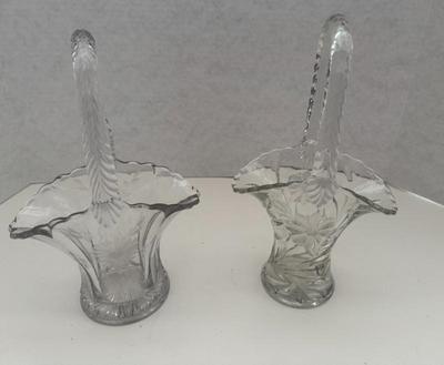 Lot (2) Vintage Clear Etched Glass Bride's Baskets