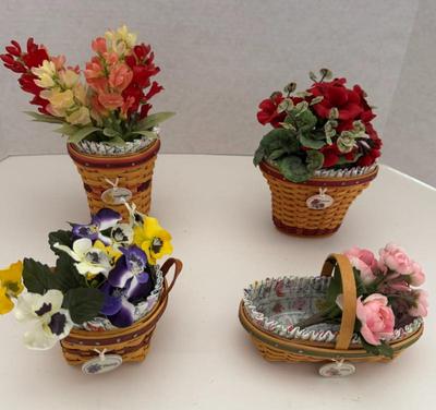 Lot (4) Longaberger Collector's Club Mini Flower Baskets- Hydrangea, Geranium, Pansy & Peony