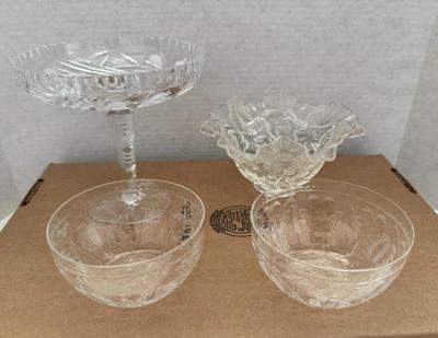 Lot (3) Vintage Etched Crystal Pieces &  (1) Fenton Strawberry Bowl