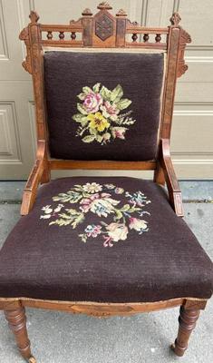 Vintage Walnut Eastlake Parlor Chair W/Needlepoint Back & Seat