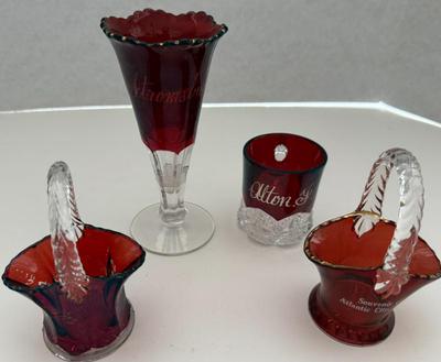 Lot (4) Vintage Ruby Flash Glass Pieces-  Souvenir Baskets, Mug & Vase
