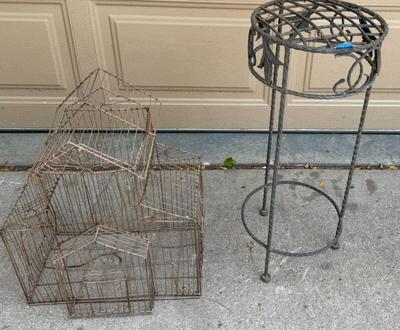 Wrought Iron Plant Stand & Gold Painted Vintage Birdcage