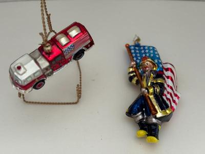 Pair Christopher Radko Patriotic Firefighter & Firetruck Blown Glass Ornaments