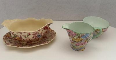 Lot (3) Floral Pieces Of Chintz-- Johnson Bros Victorian Gravy Boat & Large Shelley Rock Garden Sugar & Cream