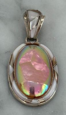 Sterling Silver Pendant W/Mother Of Pearl Insets & Pink Iridescent Stone- 10.44 Grams