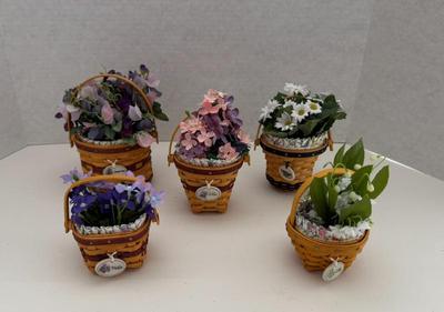 Lot (5) Longaberger Collector Club Mini Flower Baskets--Violet, Sweet Pea, Lilly, Lilac & Daisy