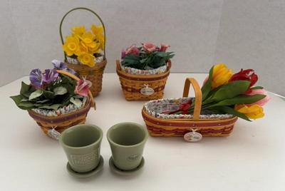 Lot (4) Longaberger Collector's Club Mini Flower Baskets- Morning Glory, Daffodil, Tulip, Petunia &  (2) Pottery Pots