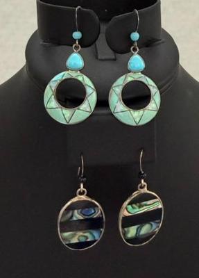 Lot (2) Pair Earrings- Sterling W/Opal & Larimar On Wire & Abalone/Onyx On Wire