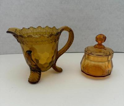 Lot (2) Vintage Amber Glass Pieces-  Honeycomb Creamer (as-is) & Covered Jar
