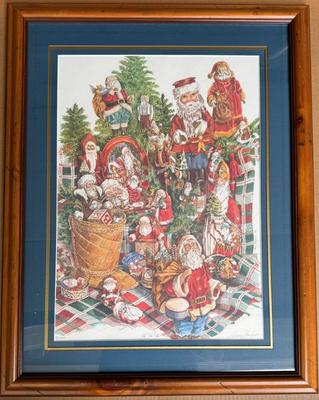 Vintage Mary Hulgan "Ho, Ho, Ho" Santas Framed Matted Print with Glass Front