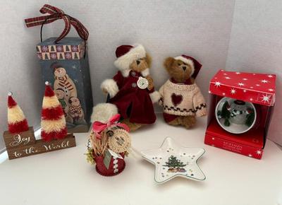 Lot (7) Christmas Decor- Boyd's Bears, Trees, Star Dish, Light-up Ornamanet