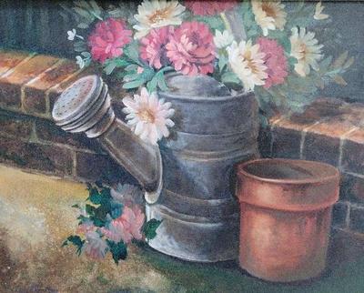 ORIGINAL FRAMED PAINTING OF WATERING CAN FULL OF FLOWERS 