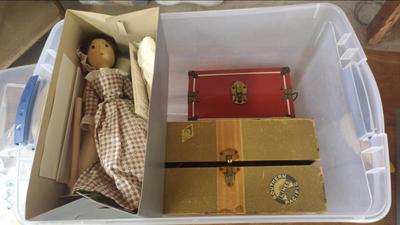 DOLL, CLOTHING, AND WARDROBE CHEST MYSTERY LOT