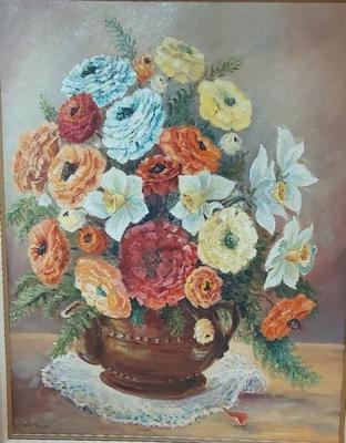 ORIGINAL FRAMED COLORFUL FLOWER PAINTING BY JEAN THEAKER 