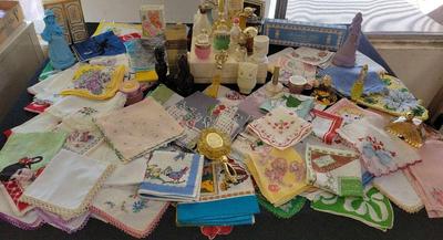 VINTAGE LADIES' HANKERCHIEFS AND AVON PERFUME BOTTLES