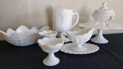 WESTMORELAN MILK GLASS WITH EMBOSSED GRAPES AND LEAF DESIGN AND MORE