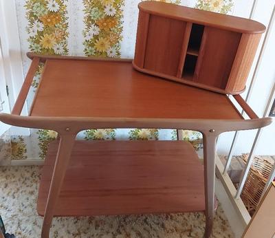 MID-CENTURY MODERN DANISH TEAK TAMBOUR CABINET AND SERVING CART