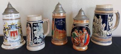 FIVE HANDSOME GERMAN BEER STEINS