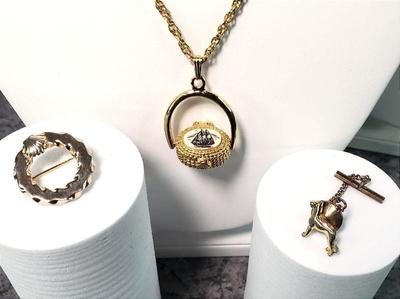 Nantucket scrimshaw locket necklace dog cufflink, wreath brooch