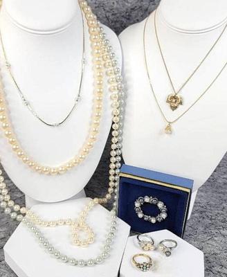 Costume pearls necklaces, pin, rings