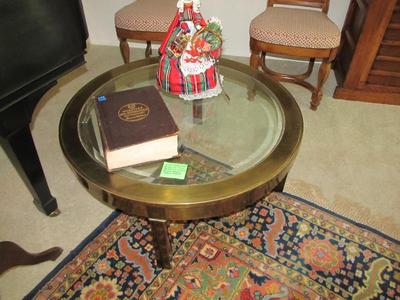 Hollywood Regency Milo Baughman style brass/glass round coffee table 