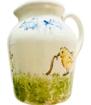 Sale Photo Thumbnail #132: Handmade & Hand Painted Pottery Pitcher Depicting Chickadees, Clouds, & Pasture