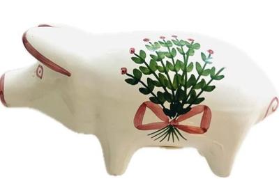 Sale Photo Thumbnail #87: Hand Painted Piggy Bank Made In Portugal Pink & Green Flower Bouquet Bow Signed