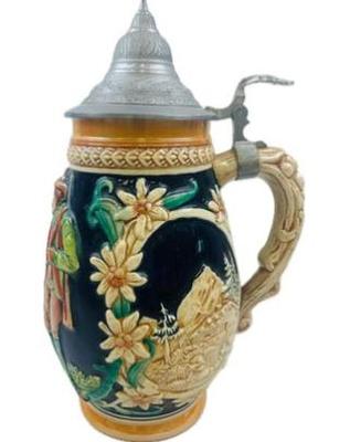 Sale Photo Thumbnail #102: German Lidded Beer Stein With Pewter, Stamped Made In Germany