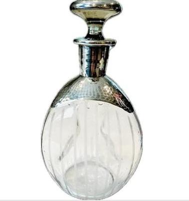 Sale Photo Thumbnail #13: Art Deco Pinch Decanter, Hammered Silver Overlay, & Vertical Etched Lines