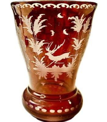 Sale Photo Thumbnail #141: Vintage Bohemian Glass Vase - Cut To Clear Stag Design