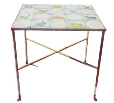 Vintage Wrought Iron Table With Portuguese Santa Anna Farm Animal Tiles