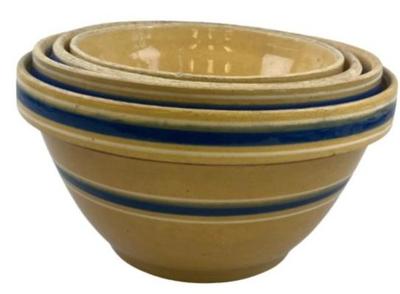 Primitive Vintage Yellow ware Blue White Stripe Farmhouse Nesting Bowls