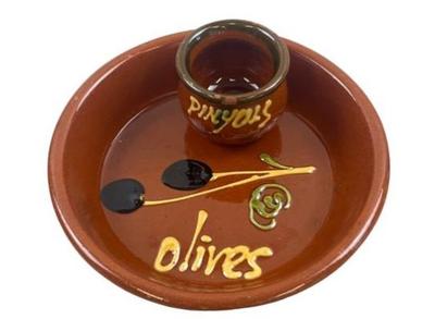 Hand Painted Pottery Olive Serving Piece With Attached Toothpick Holder