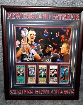 Framed 5x super bowl champs photo with game tickets