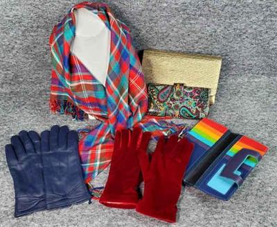 Fashion accessories colorful gloves scarf, wallet, clutch
