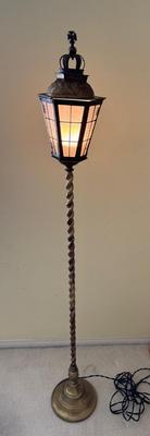 Victorian-Style Electric Floor Lamp | Twisted Brass Post & Lantern Top | Frosted Glass Panels