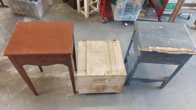 PAIR OF SIDE TABLES AND ICE BOX