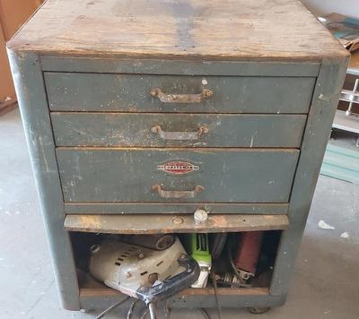 VINTAGE WOODEN TOOL CABINET WITH POWER TOOLS AND MORE