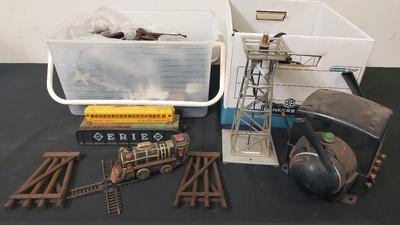 VINTAGE LOT OF  METAL TRAINS,  WOOD TRACKS AND ACCESSORIES 