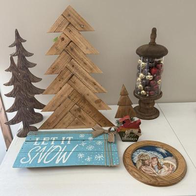 Wooden Christmas Decor Lot-Trees, Wood Framed Cross Stitch, Stocking Hanger & More
Lot #: 380