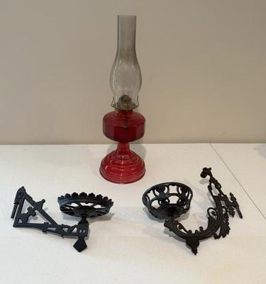 Vintage Red Flash Kero Lamp & (2) Cast Iron Wall Mount Kero Holders
Lot #: 93