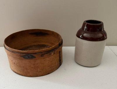Lot Vintage Stoneware Jar & Bent Wood Box
Lot #: 33
