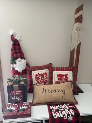 Large Christmas Decor Lot- LED Lights, (3) Pillows, Tall Wooden Santa, Table Runner, Gnome & Present
Lot #: 377